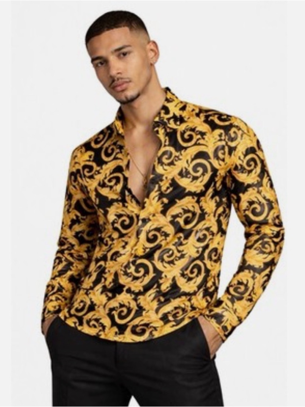 Versace Black & Gold Baroque Print Button-Down Shirt